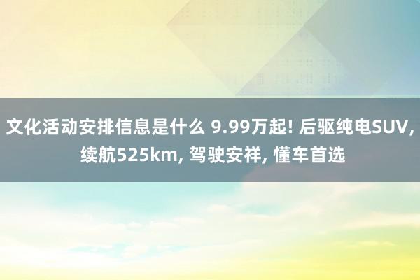 文化活动安排信息是什么 9.99万起! 后驱纯电SUV, 续航525km, 驾驶安祥, 懂车首选